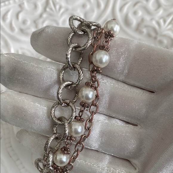 Pearl Silver Thick Chain Link Multi Strand Bracelet Bohemian Elegant Vintage - Picture 14 of 16
